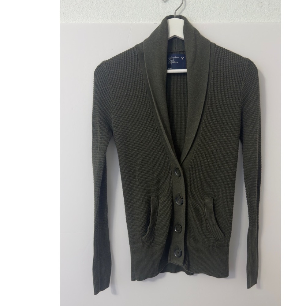 American Eagle Cardigan Mens M Olive Shawl Collar Waffle Knit Gorpcore Preppy